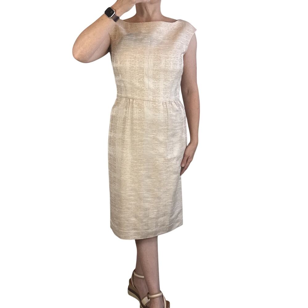 Tory Burch Womens Fatima Midi Sheath Dress Size 10 Ivory Beige Gold Woven Tweed